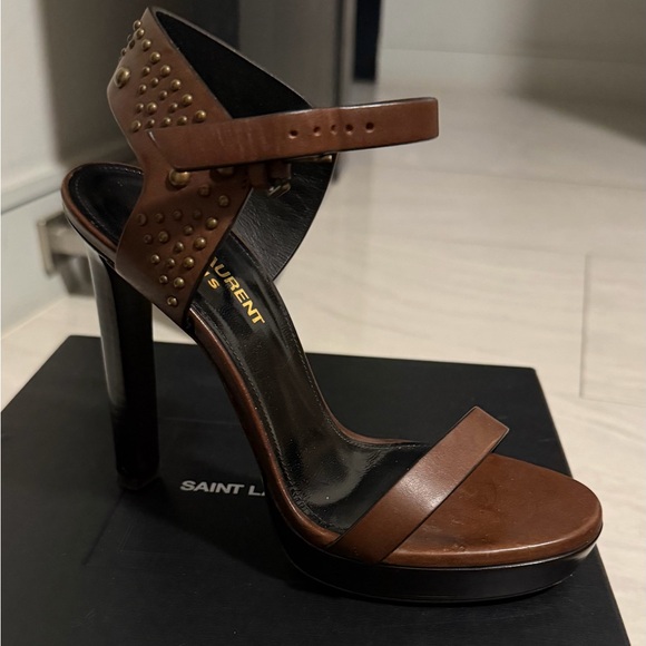 Saint Laurent Shoes - Saint Laurent Brown Leather Studded Platform Heel Sandal